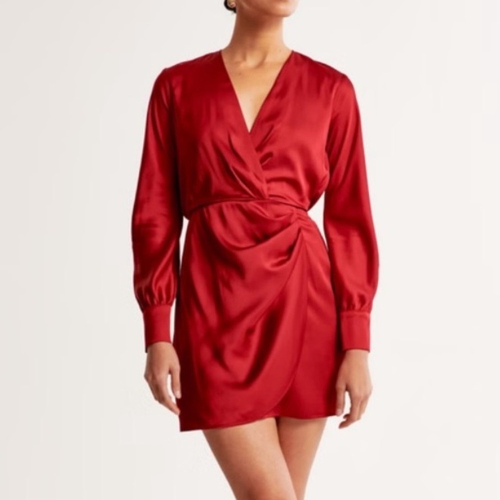 Abercrombie & Fitch Satin Wrap Mini Dress Red Long Sleeve Ruched Party Dress